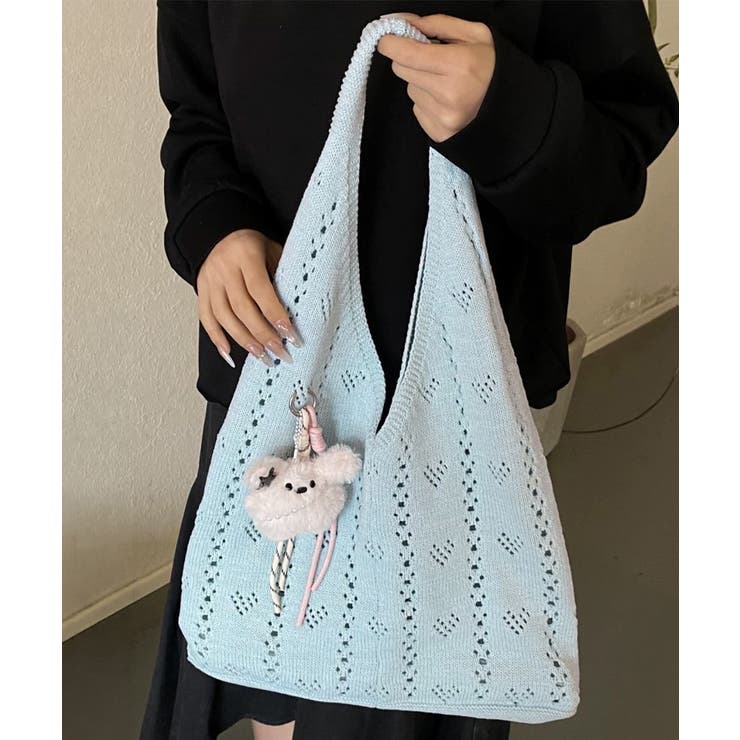 ライトブルー | ハート柄クロシェ編みバッグ 大容量ワンショルダーニットバッグ大きめ 韓国風 | SUNSHINE CLOSET