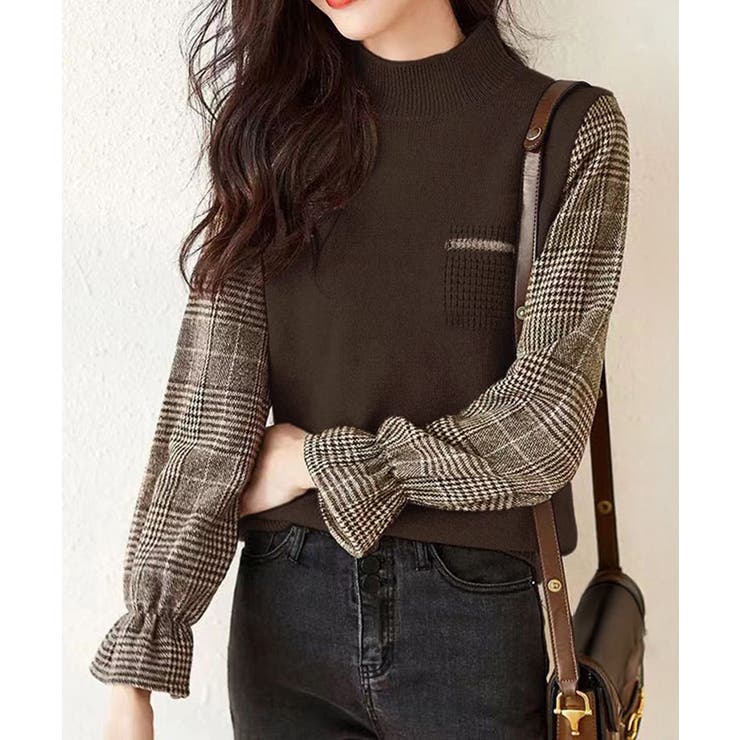 ブラウン | チェック柄ドッキングニットレディース秋服 | Miniministore