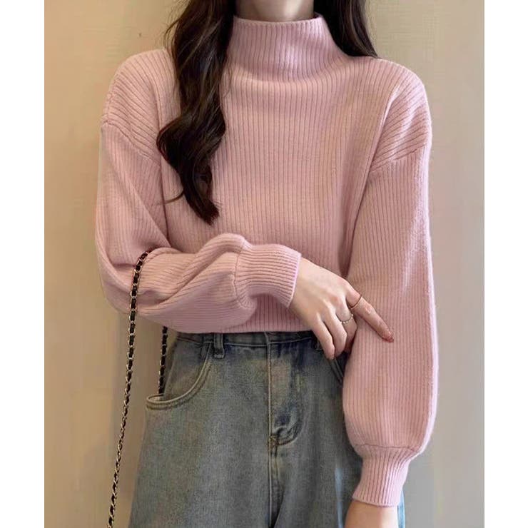 ピンク | 韓国風リブニットトップスハイネックニット | Miniministore