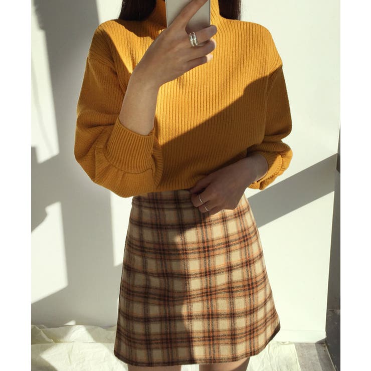 マスタード | 韓国風リブニットトップスハイネックニット | Miniministore