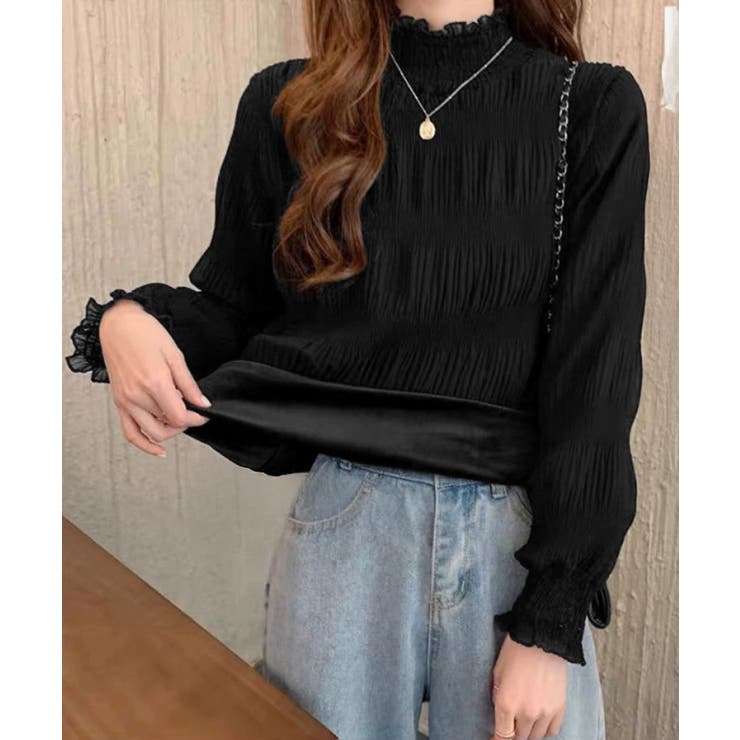 ブラック | 裏起毛シャーリングブラウス韓国風トップス | Miniministore