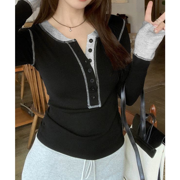 ブラック | 配色ヘンリーシャツハーフボタンカットソー | SUNSHINE CLOSET