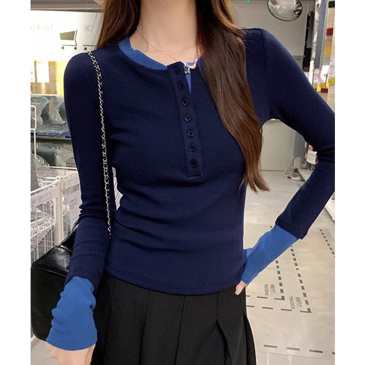 ネイビー | 配色ヘンリーシャツハーフボタンカットソー | SUNSHINE CLOSET