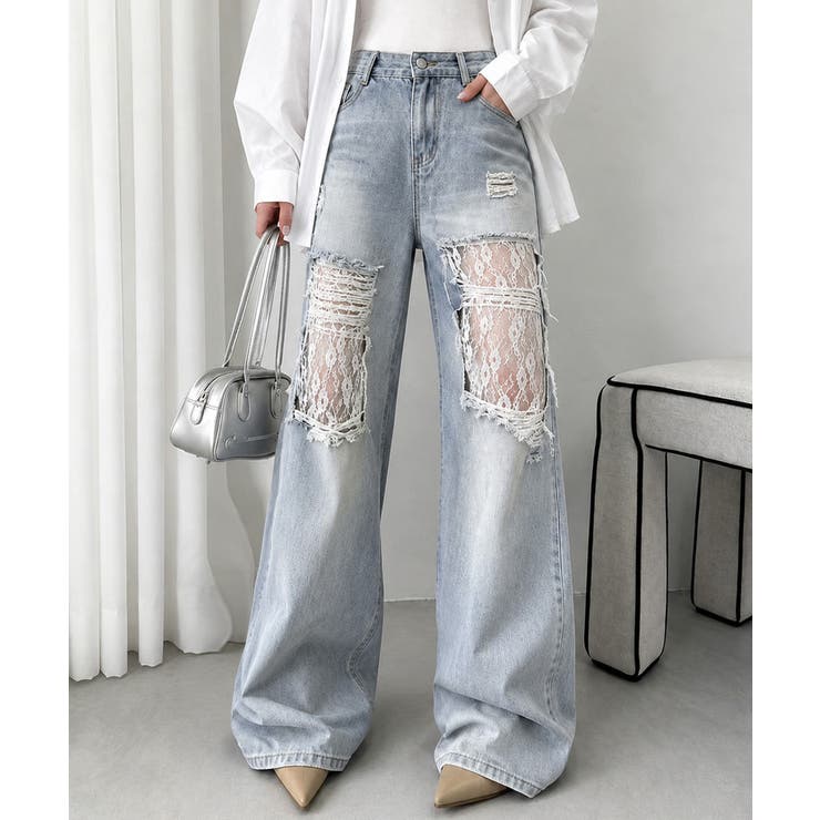 サックスブルー | レースダメージデニムパンツ ワイドパンツ | Miniministore