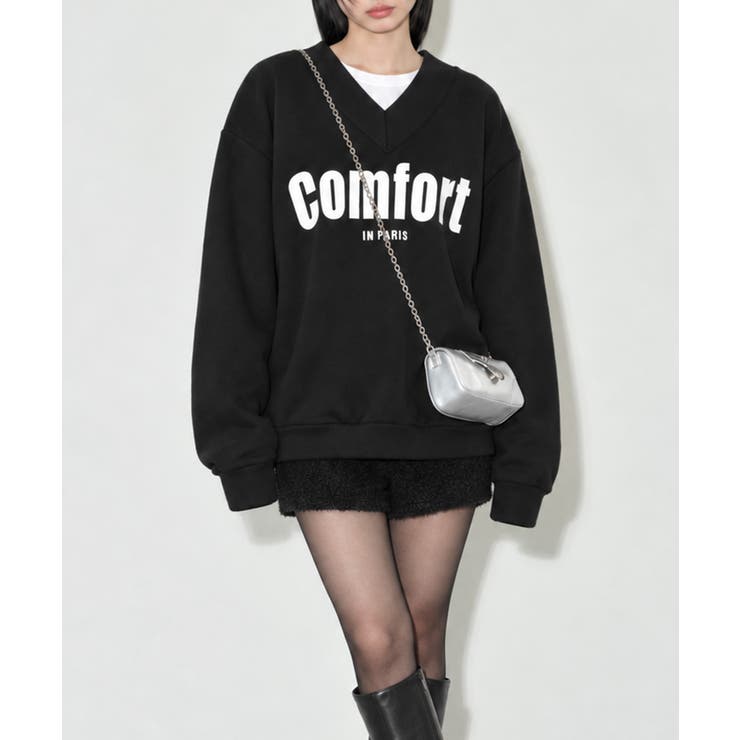 ブラック | Vネックロゴプリント裏起毛スウェット長袖 | Miniministore