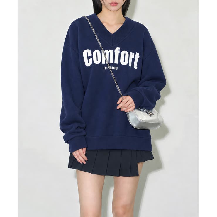 ネイビー | Vネックロゴプリント裏起毛スウェット長袖 | Miniministore