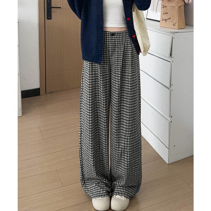 ホワイト | チェック柄ワイドパンツハイウエスト 秋冬 | Miniministore