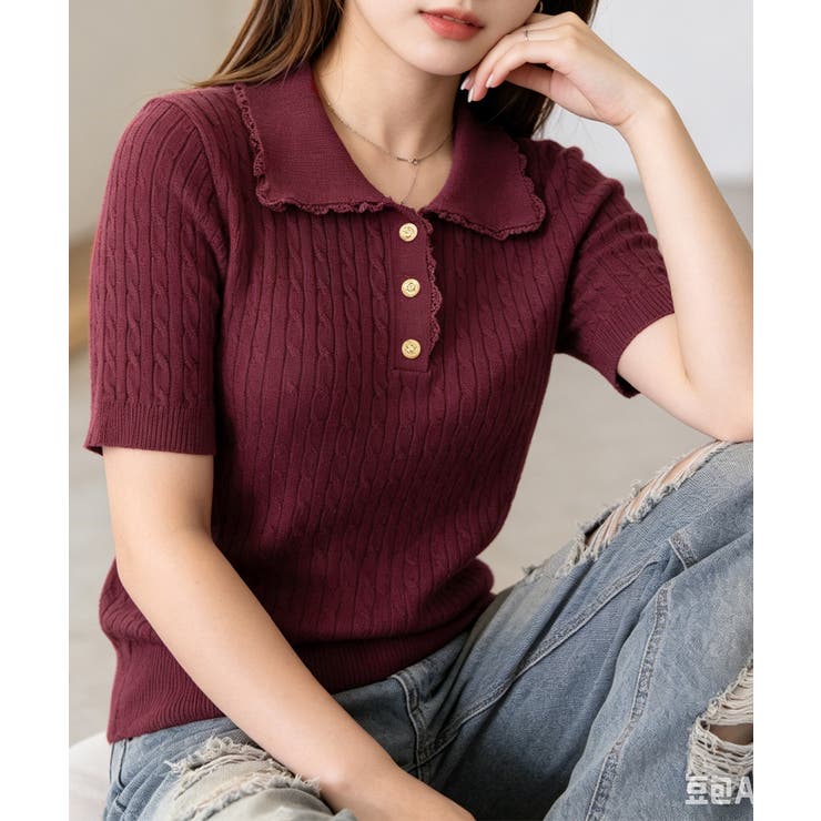 襟付き ポロニット ケーブル半袖トップス | Miniministore | 詳細画像20 