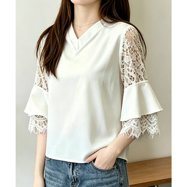 花柄レースVネックブラウスフレア袖春夏服 | Miniministore | 詳細画像1 