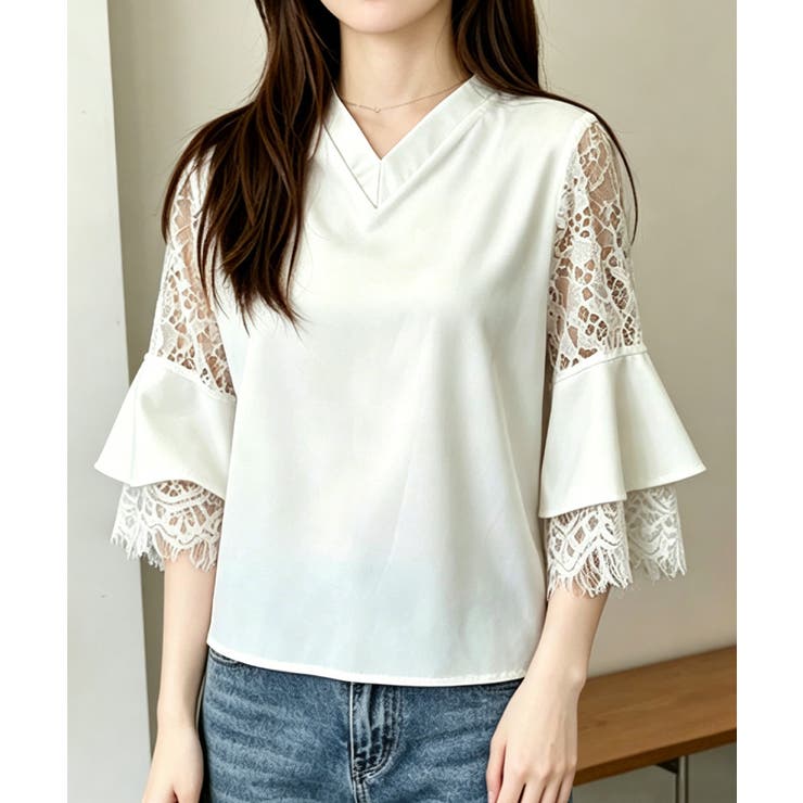 花柄レースVネックブラウスフレア袖春夏服 | Miniministore | 詳細画像2 