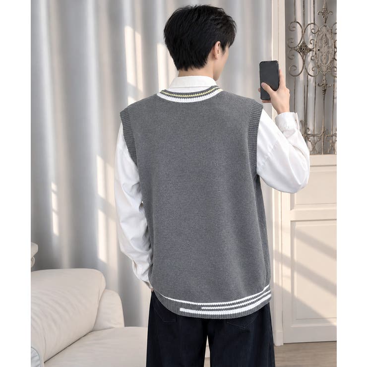 配色ラインVネックニットベストメンズ秋冬[品番：II000014775