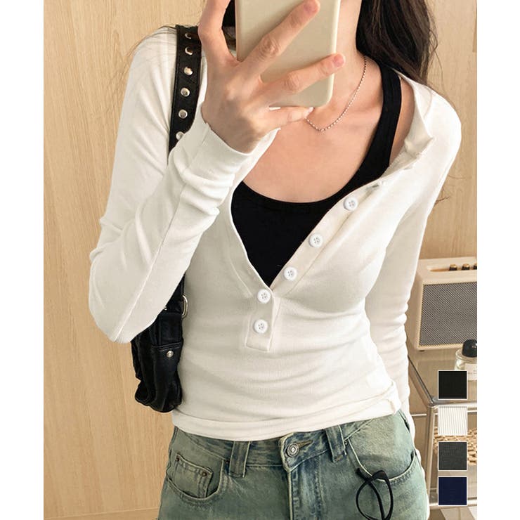ハーフボタンカットソー長袖タイトtシャツ | Miniministore | 詳細画像1 