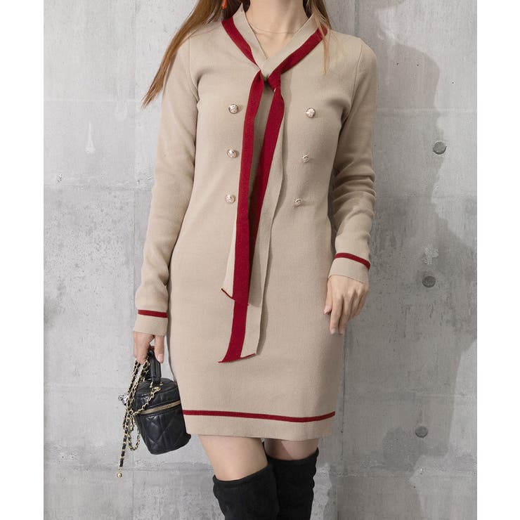 リボンタイミニワンピース配色ニットドレス | Miniministore | 詳細画像20 