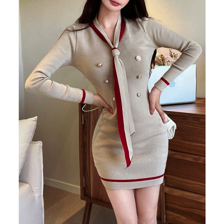 リボンタイミニワンピース配色ニットドレス | Miniministore | 詳細画像3 