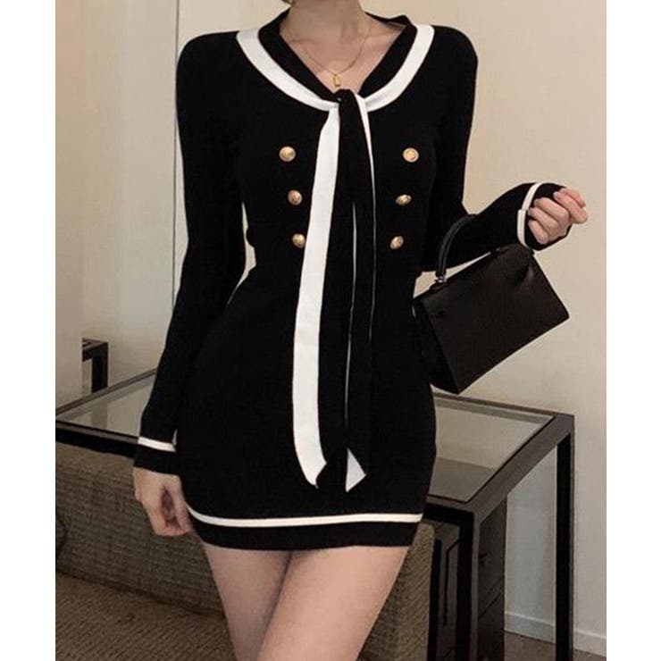 リボンタイミニワンピース配色ニットドレス | Miniministore | 詳細画像7 