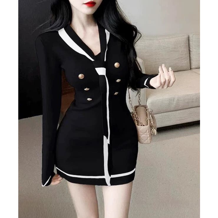 リボンタイミニワンピース配色ニットドレス | Miniministore | 詳細画像8 