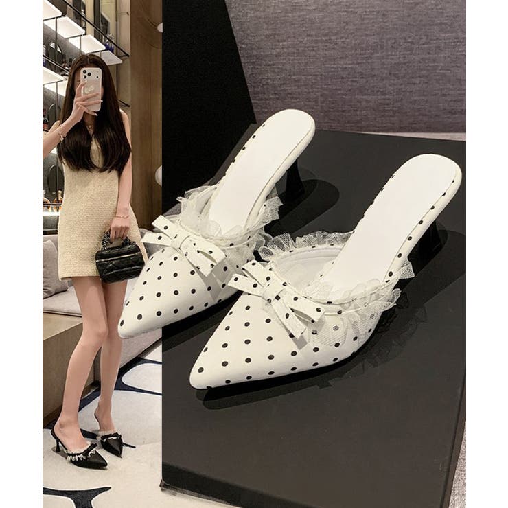 ドット柄ミュールパンプスポインテッドトゥ | Miniministore | 詳細画像1 