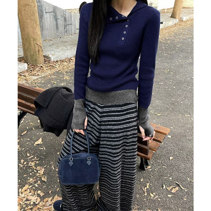 アシメ配色ボタンリブニットトップス長袖秋 | Miniministore | 詳細画像12 
