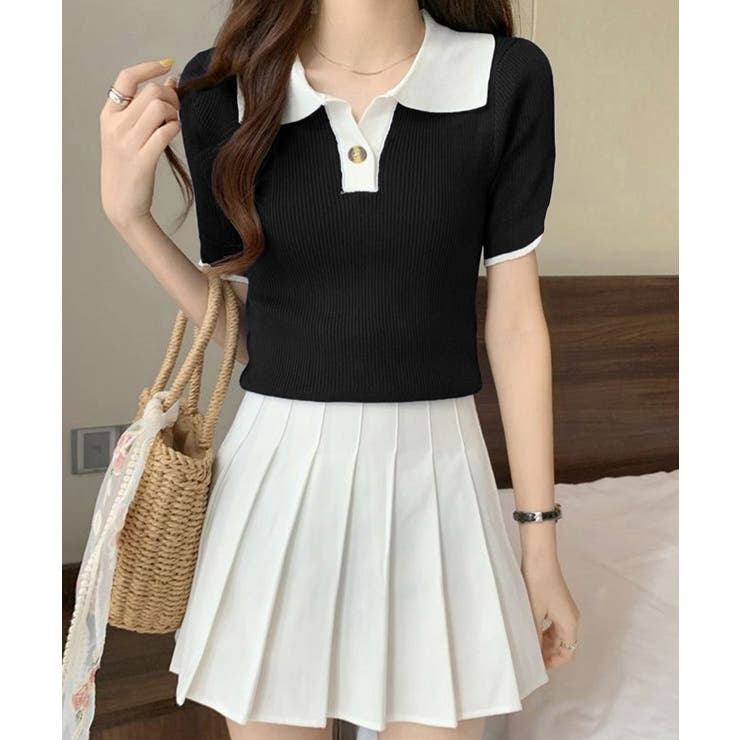 ポロニットトップス半袖ポロシャツVネック | Miniministore | 詳細画像4 