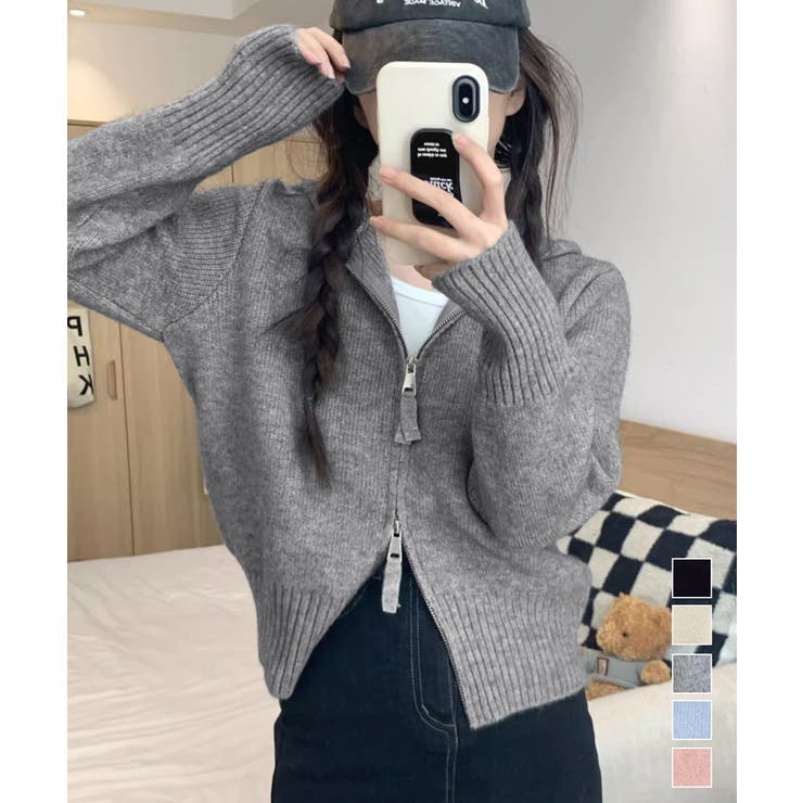 ダブルジップリブニットカーディガン韓国風 | Miniministore | 詳細画像1 