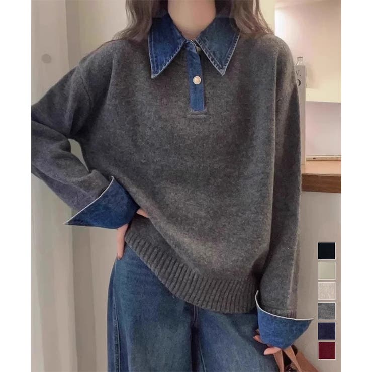 デニム切り替え レイヤード風ニットポロ襟 | Miniministore | 詳細画像1 