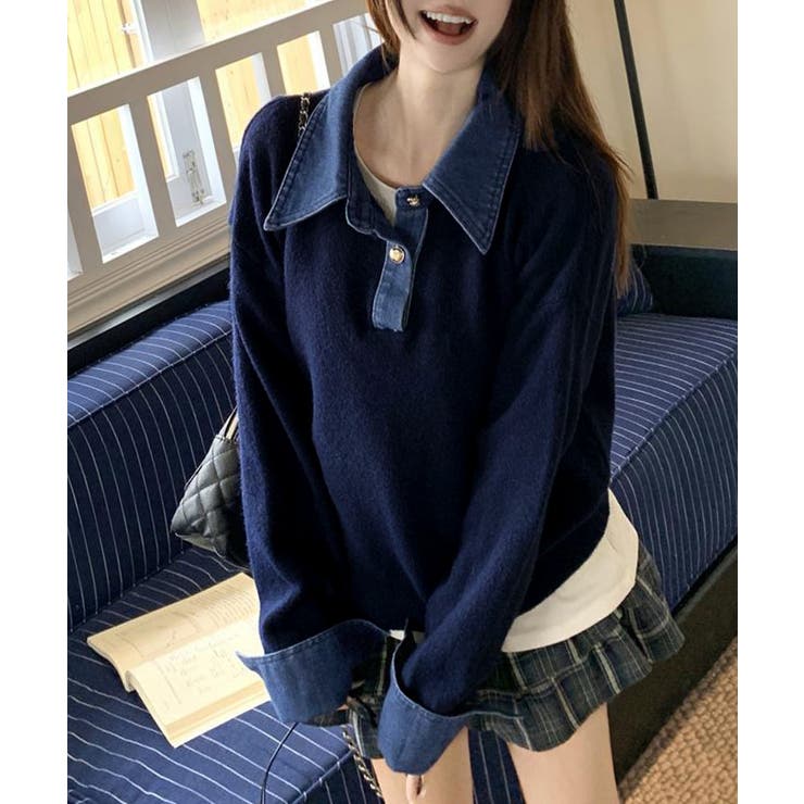 デニム切り替え レイヤード風ニットポロ襟 | Miniministore | 詳細画像11 