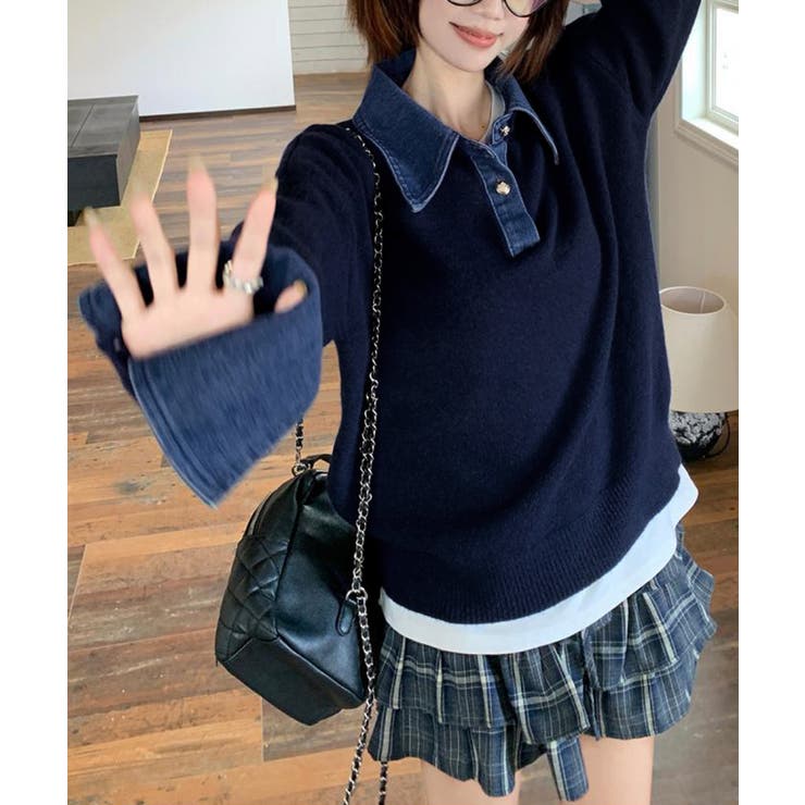 デニム切り替え レイヤード風ニットポロ襟 | Miniministore | 詳細画像13 