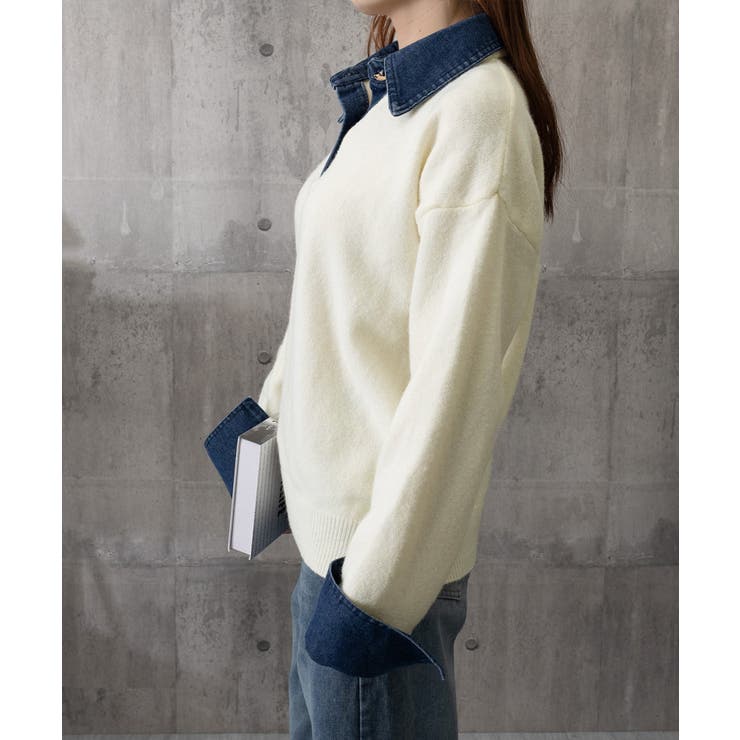 デニム切り替え レイヤード風ニットポロ襟 | Miniministore | 詳細画像19 