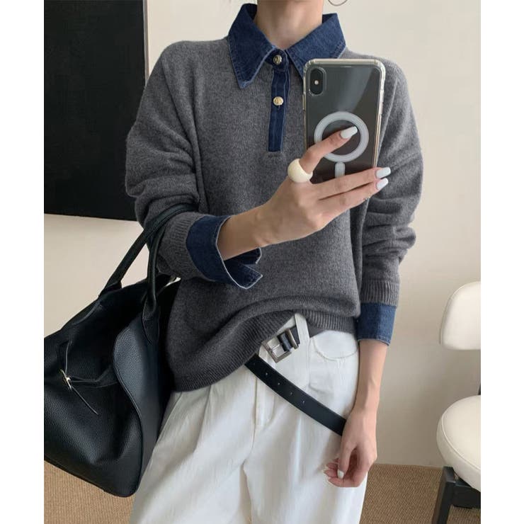 デニム切り替え レイヤード風ニットポロ襟 | Miniministore | 詳細画像3 