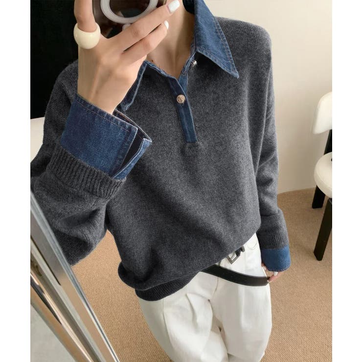デニム切り替え レイヤード風ニットポロ襟 | Miniministore | 詳細画像4 