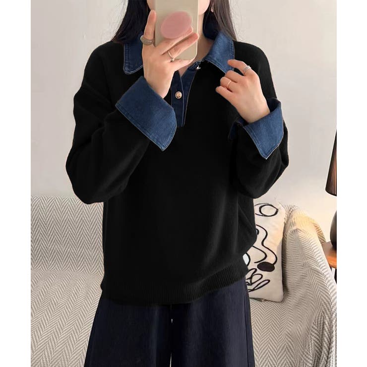 デニム切り替え レイヤード風ニットポロ襟 | Miniministore | 詳細画像5 