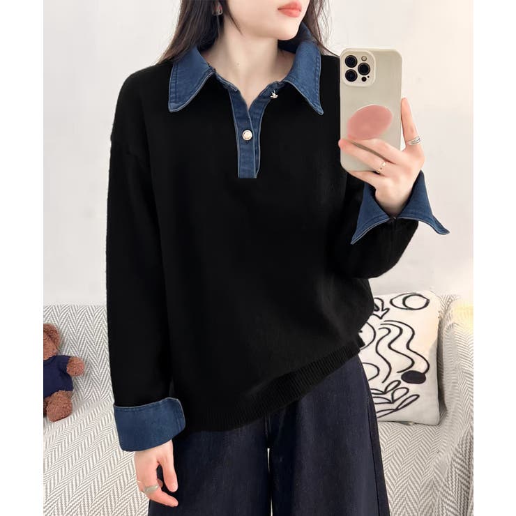 デニム切り替え レイヤード風ニットポロ襟 | Miniministore | 詳細画像6 