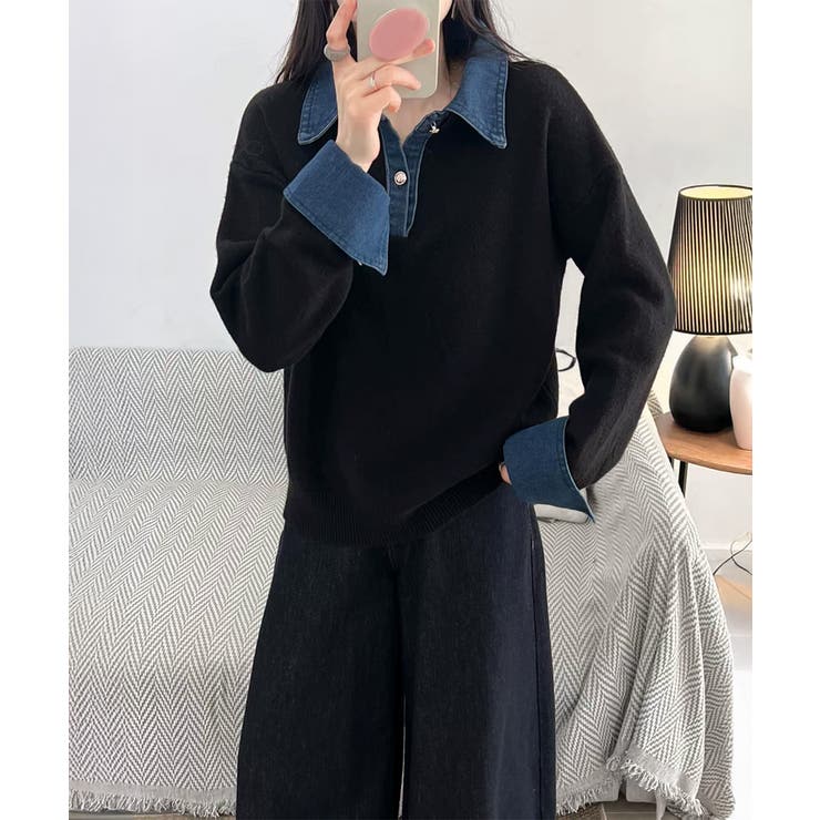 デニム切り替え レイヤード風ニットポロ襟 | Miniministore | 詳細画像7 