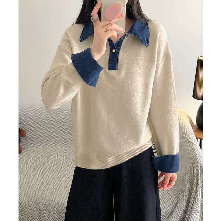 デニム切り替え レイヤード風ニットポロ襟 | Miniministore | 詳細画像9 