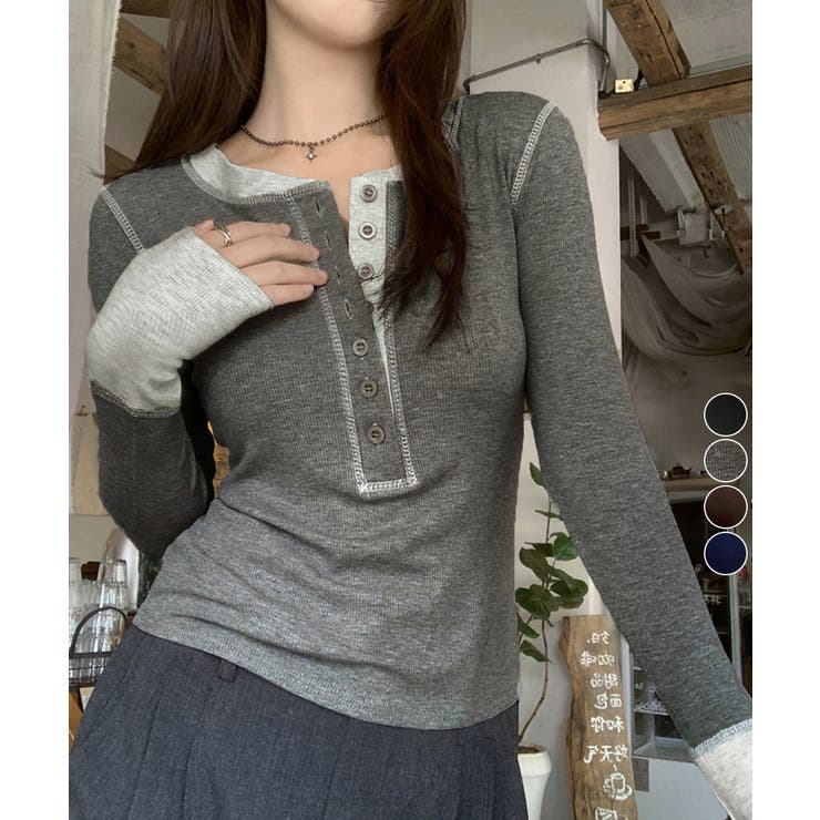 配色ヘンリーシャツハーフボタンカットソー | Miniministore | 詳細画像1 