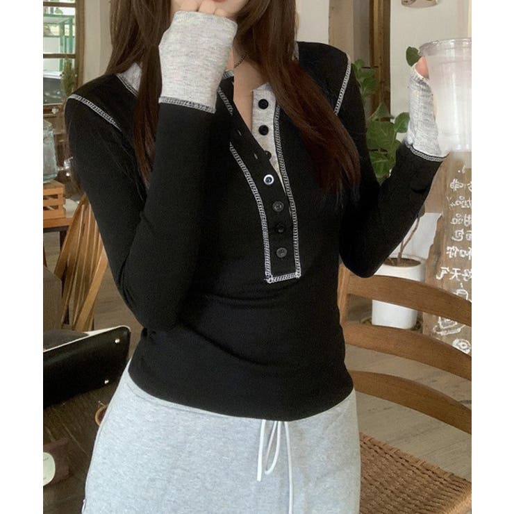 配色ヘンリーシャツハーフボタンカットソー | Miniministore | 詳細画像6 