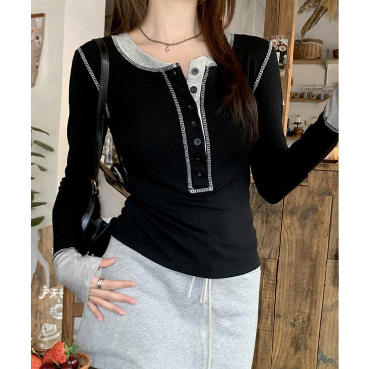 配色ヘンリーシャツハーフボタンカットソー | Miniministore | 詳細画像7 