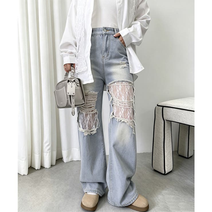 レースダメージデニムパンツ ワイドパンツ | Miniministore | 詳細画像11 