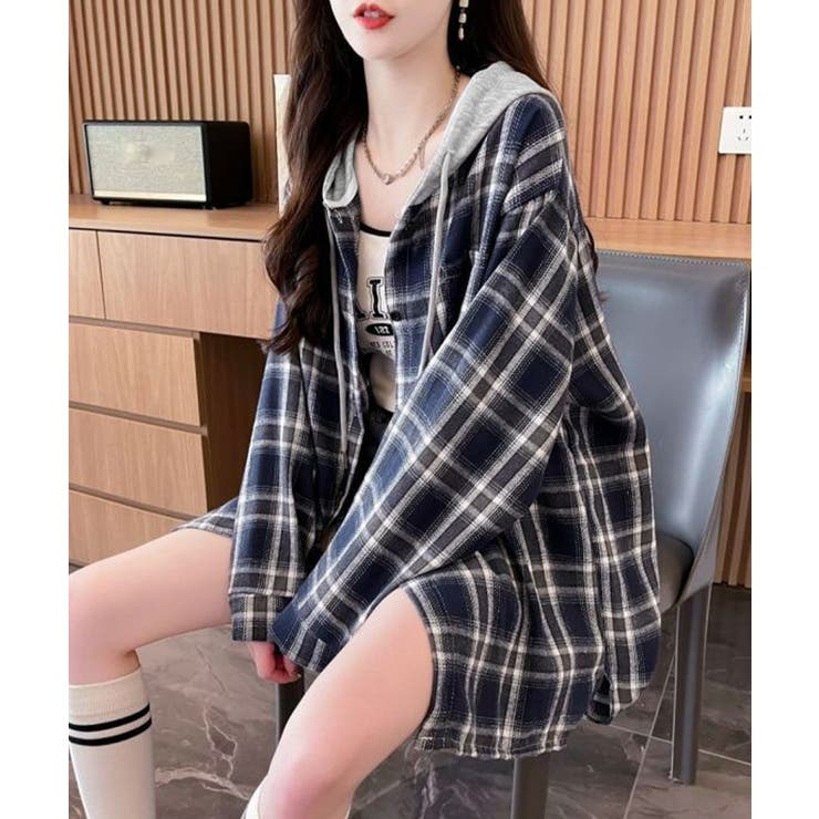 チェック柄フーデッドシャツレディース秋冬 | Miniministore | 詳細画像3 