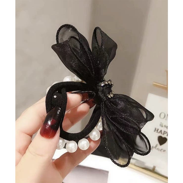 ブラック | パール リボン付き シュシュ ヘアゴム | Miniministore