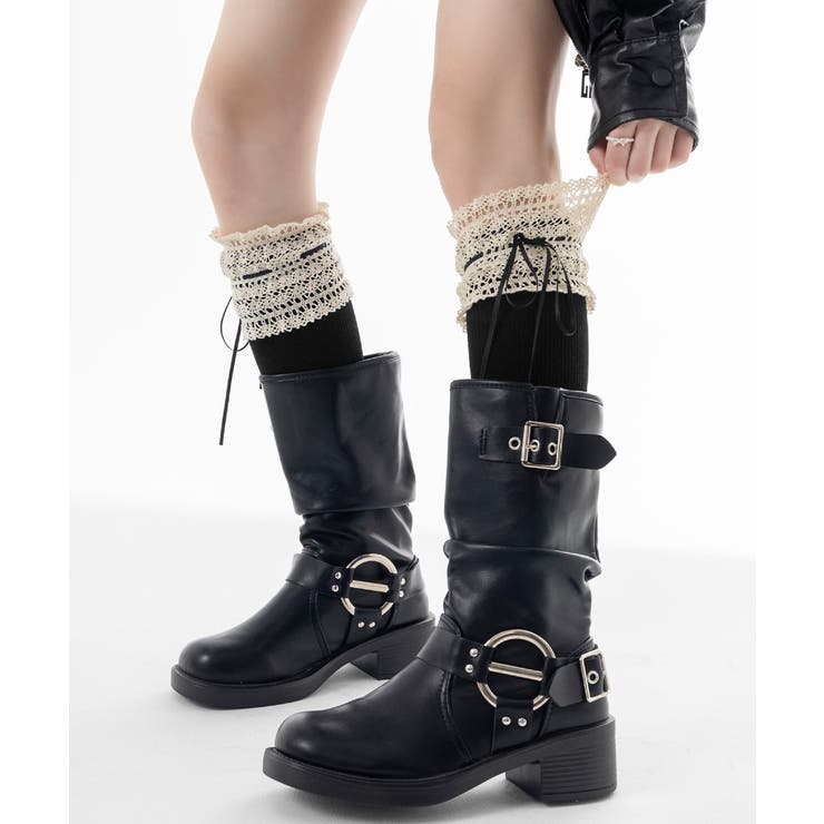 ブラック | レースフリルロングソックスリボン靴下美脚 | Miniministore
