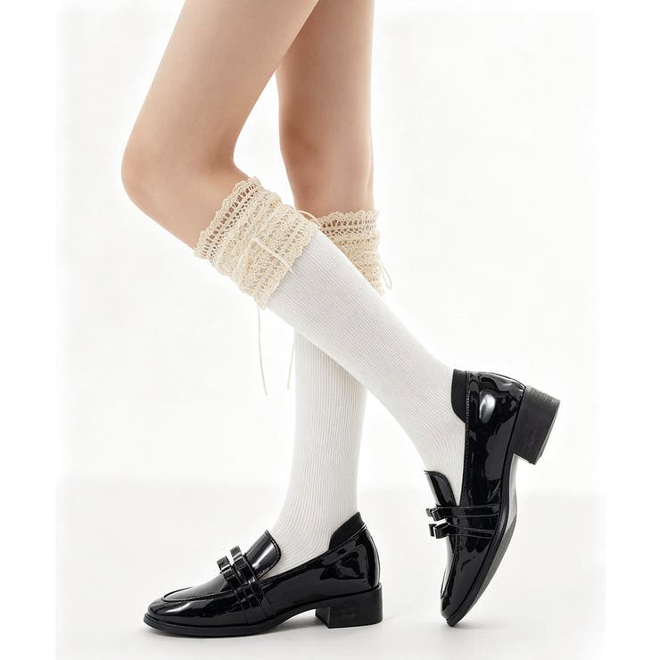 ホワイト | レースフリルロングソックスリボン靴下美脚 | Miniministore
