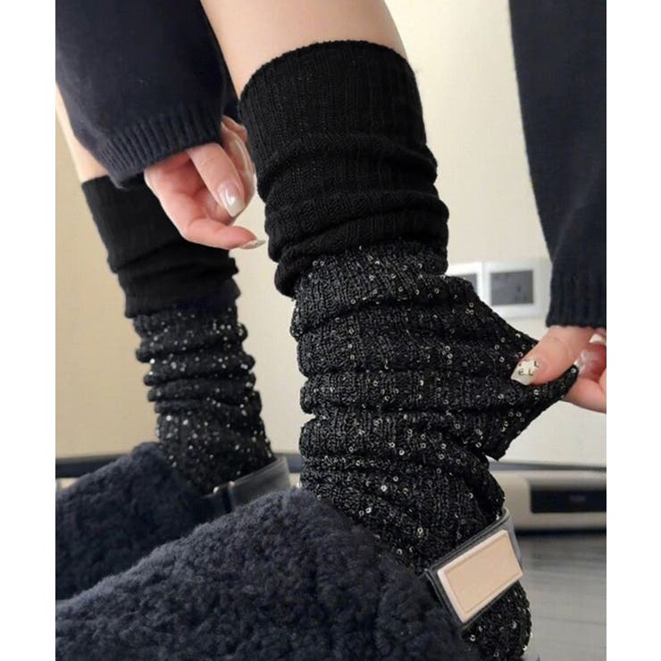 ブラック | ラメスパンコール入りロングウォーマー おしゃれリブニットロングソックス靴下 切替… | SUNSHINE CLOSET