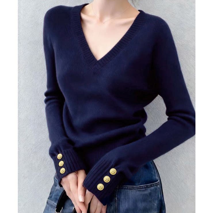 ネイビー | 上品 細身柔らかセーター 袖口ゴールド釦 | SUNSHINE CLOSET