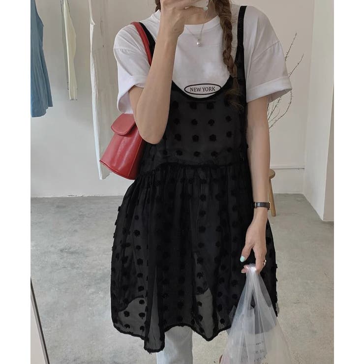 ブラック | ドット柄チュールキャミチュニック 韓国風 | Miniministore