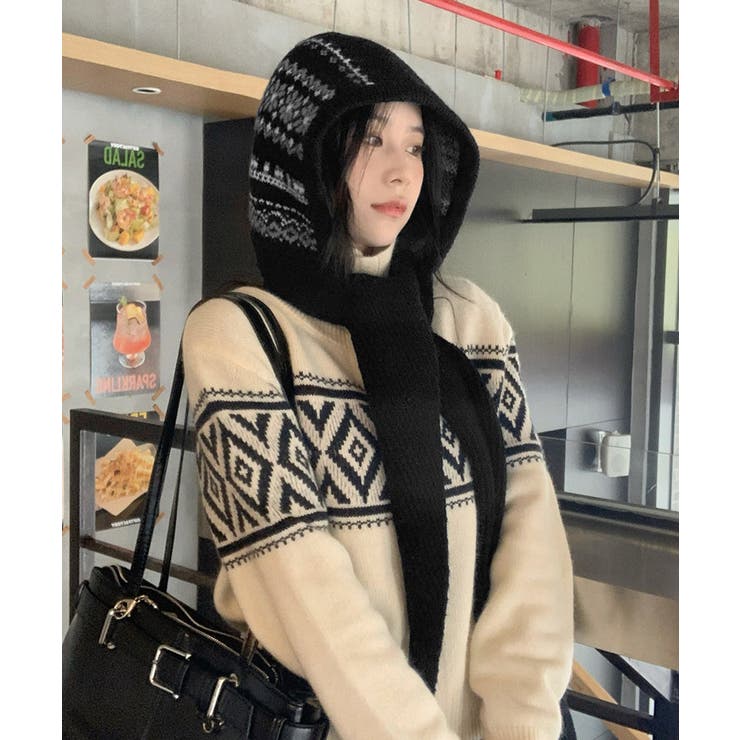 ブラック | 北欧風ニットバラクラバフードマフラー防寒 | Miniministore