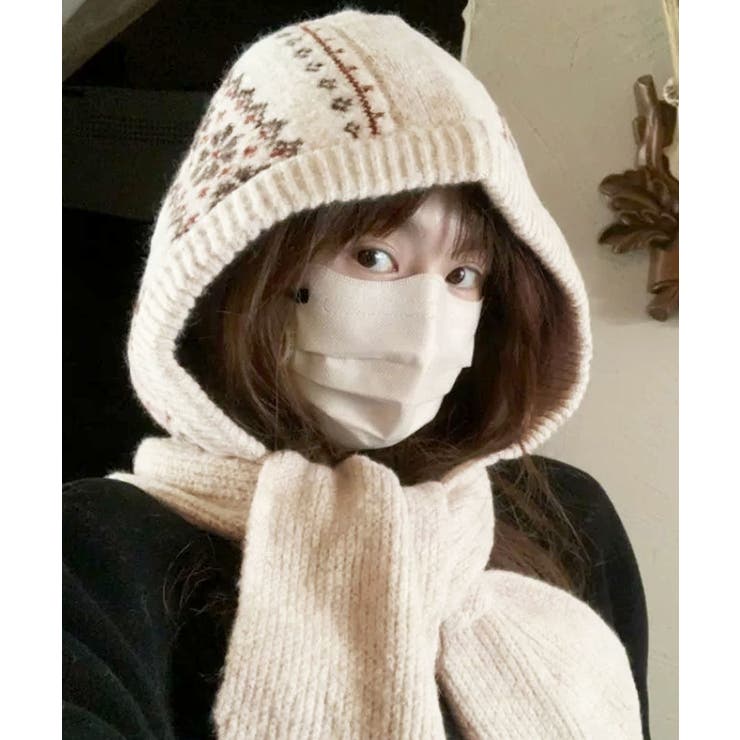 アイボリー | 北欧風ニットバラクラバフードマフラー防寒 | Miniministore