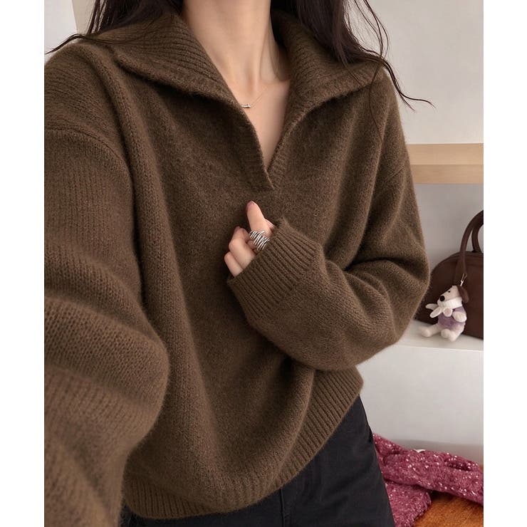 ブラウン | ゆったり無地セーター長袖ニットプルオーバー大人カジュアルきれいめニットトップスレ… | SUNSHINE CLOSET