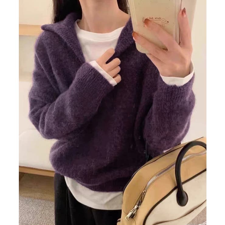 パープル | ゆったり無地セーター長袖ニットプルオーバー大人カジュアルきれいめニットトップスレ… | SUNSHINE CLOSET