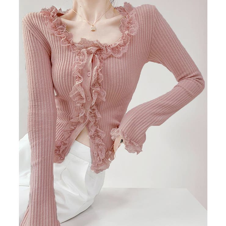 ピンク | レディース華やかラッフル前開きニットトップスコンパクト丈 大人可愛いセーターショ… | SUNSHINE CLOSET